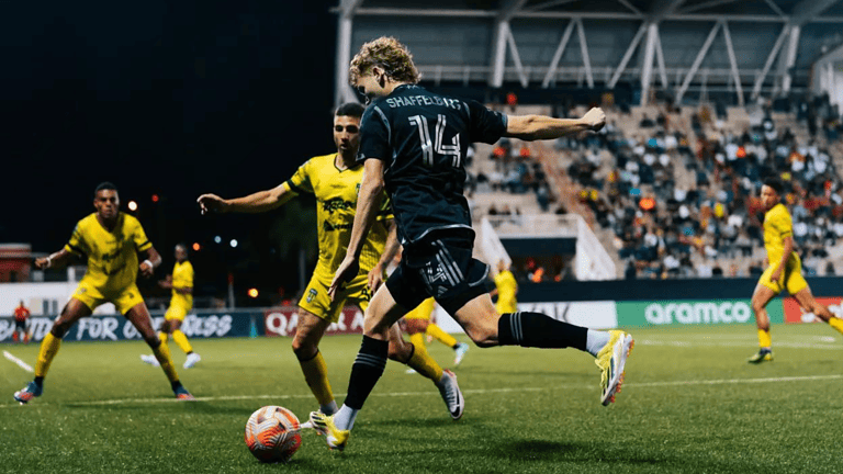 jacob shaffelburg attacks with ball vs. moca fc